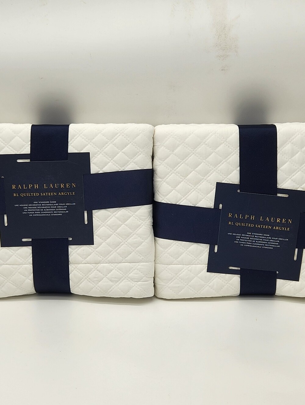 Ralph Lauren RL Quilted Sateen Argyle Standard Shams Set of 2 Studio White